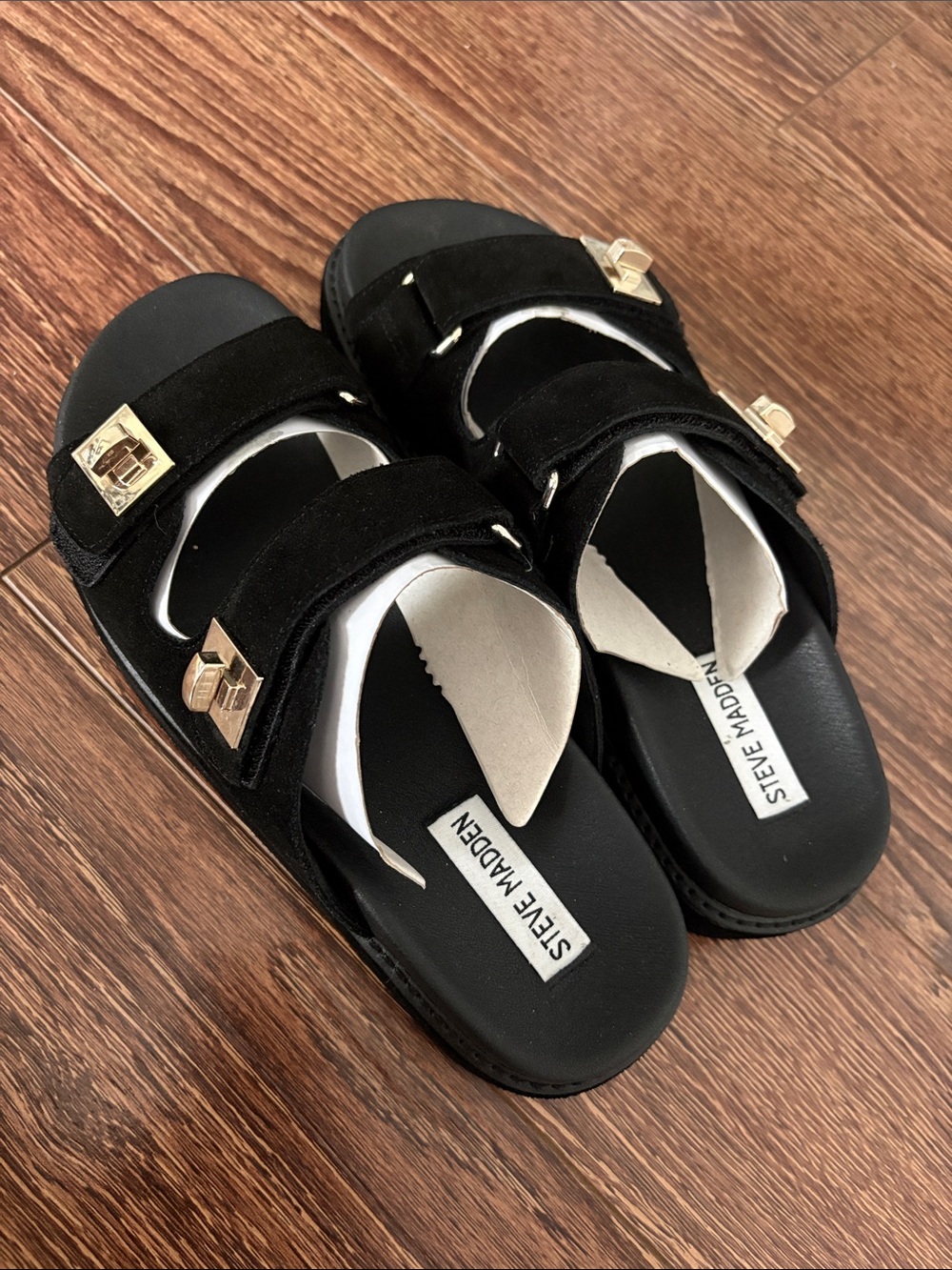 Steve Madden Black Suede Double Strap Slide Sandals with Gold Buckles - Picture 3 of 12